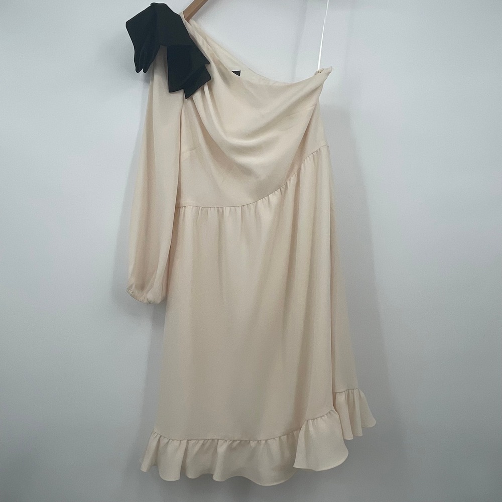 J.Crew One Shoulder Bow Dress Cream Black Ruffle Hem Size 8